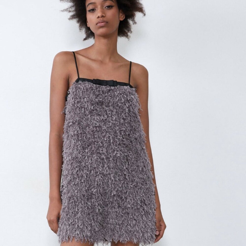 NWT ZARA women youth gray faux feathers fur fluffy mini dress bow party sz M New